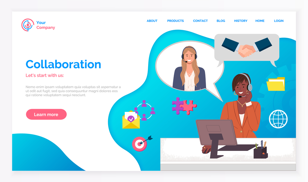 Teamwork, collaboration modern flat vector illustration concept of people communicate remotely. Website template. Concept of successful cooperation, handshake. Creative landing page design template. Teamwork, collaboration modern flat vector illustration concept of people communicate remotely
