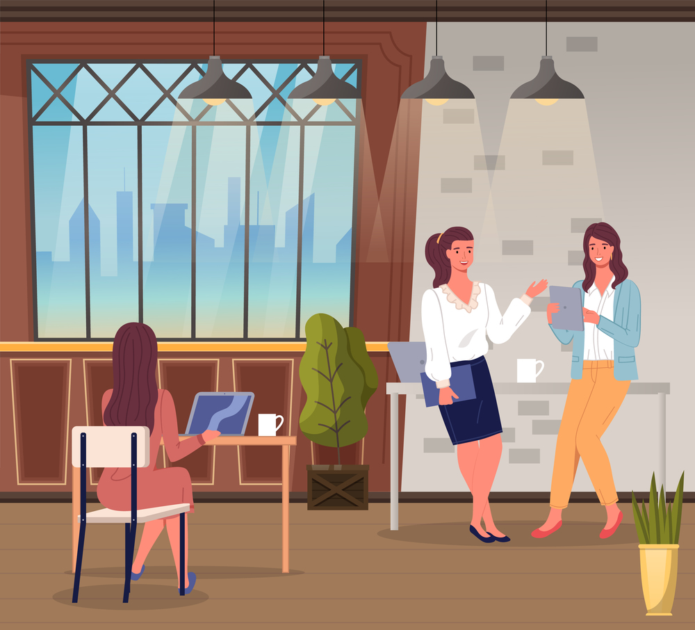 Two colleagues talking in the office. Smiling young women in the workplace. Vector illustration female characters businesswoman drinking coffee communicating standing in modern office workspase. Two colleagues talking in the office. Two smiling women in the workplace. Vector illustration.