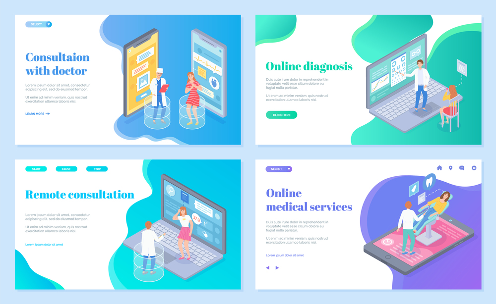 Online medical consultation with doctor and medical app, healthcare and technology concept. Medical application, online diagnosis. Mobile medicine. Health consultation landing page templare set. Online medical consultation with doctor and medical app, healthcare and technology concept.