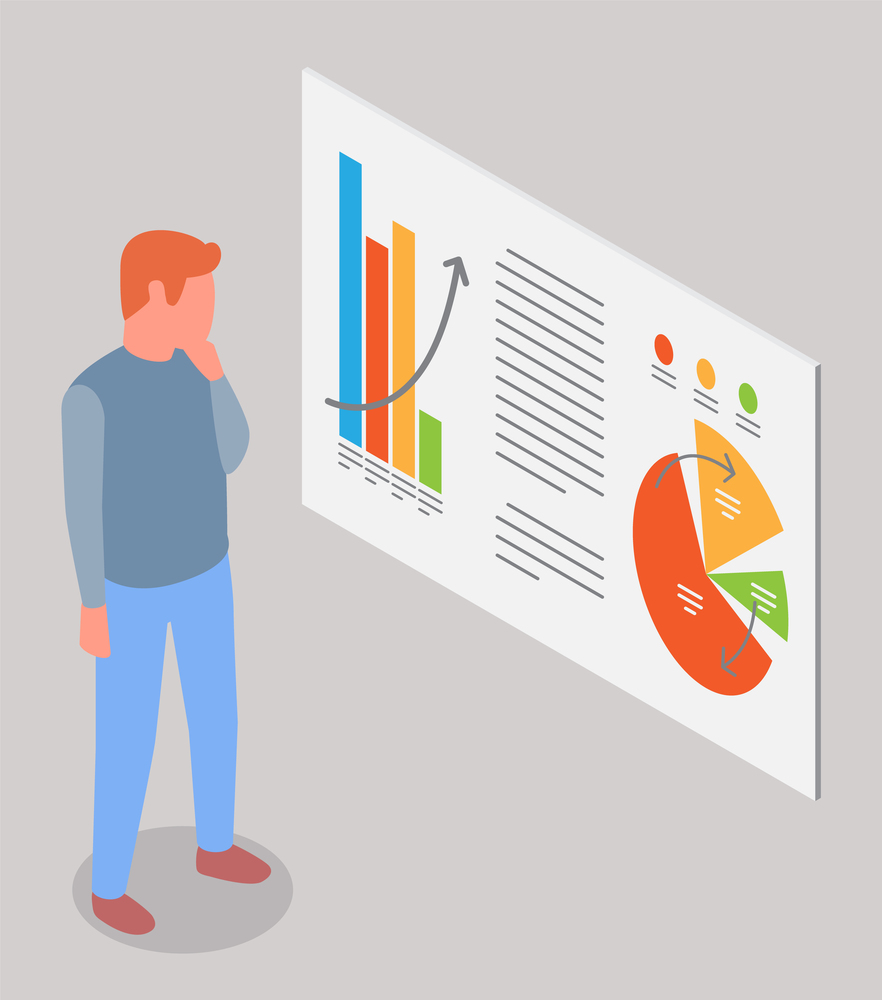 Man estimates demand indicators on presentation board with charts and graphs, marketing concept. Businessman seller watching sales statistics. The buyer analyzes the price of the goods on graph. Man estimates demand indicators on presentation board with charts and graphs, marketing concept