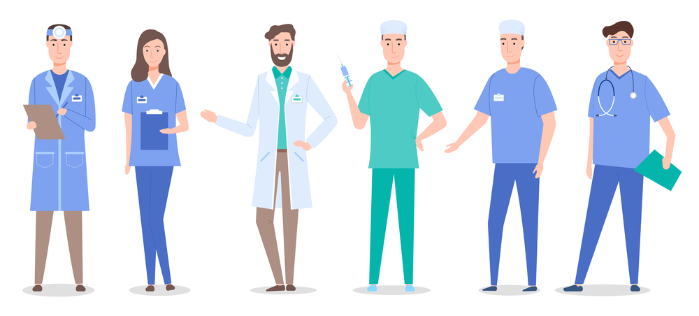 Collective of doctors and nurses characters set flat style. Medical people group icon on a white background vector illustration. Medical professional workers man and woman wearing special clothes. Collective of doctors and nurses characters set flat style. Medical people group icon vector design