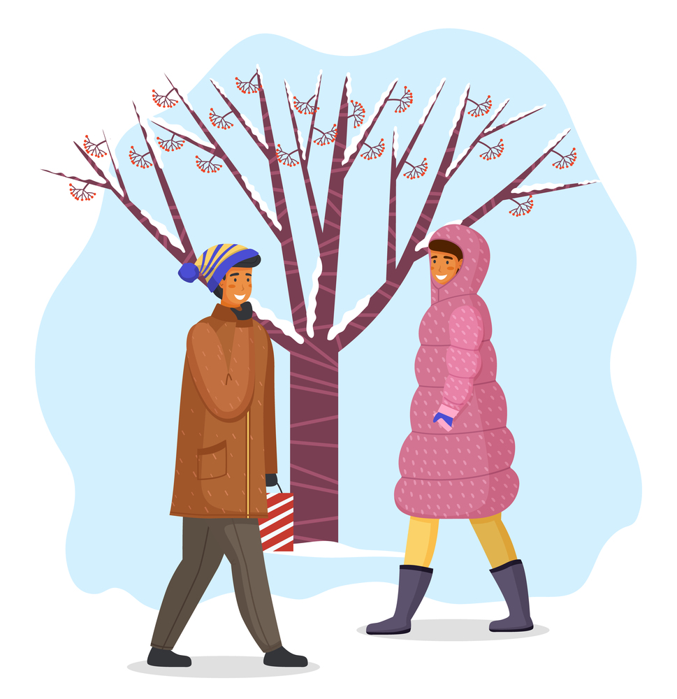 Woman and man in warm coat walking outdoor in cold weather vector illustration. Happy smiling people walk in the snow on the road past the snowy tree with clusters of red berries on winter landscape. Woman and man in warm coat walking outdoor in cold winter weather near snowy tree with red berries