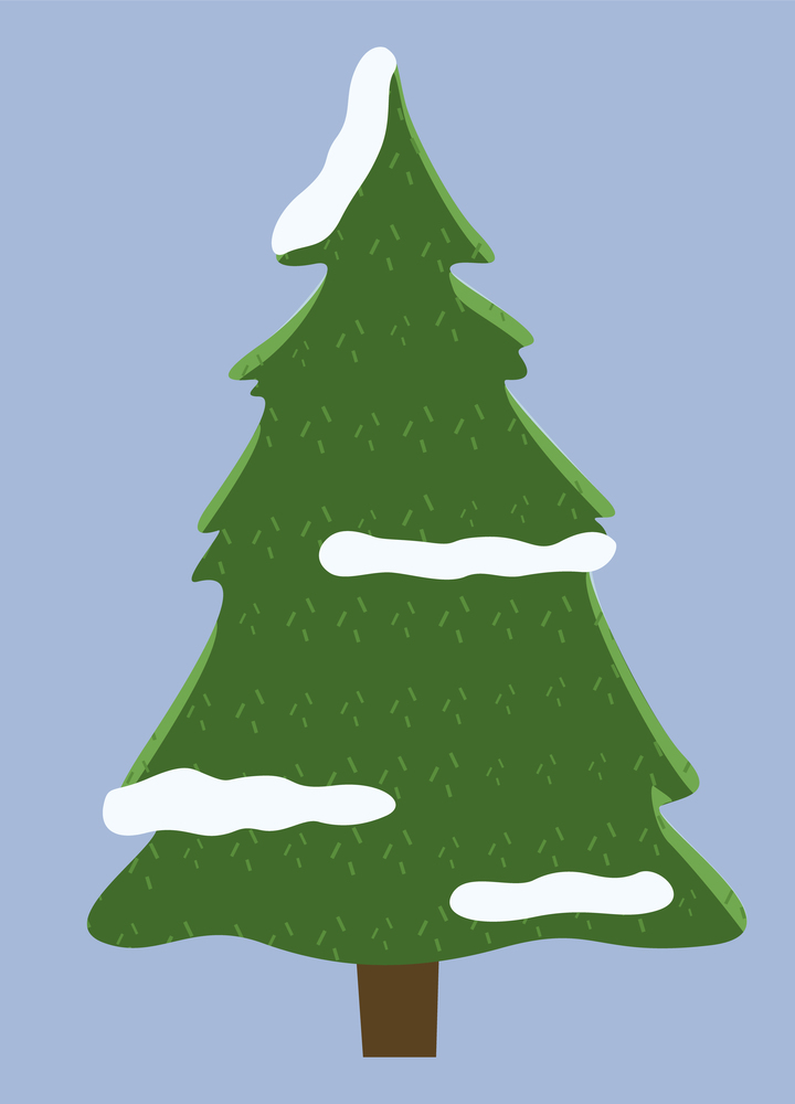 Winter nature prickly spruce, plant fir-tree with snow on the branches isolated on gray background. Lonely green conifer tree in the foreground, frosty day in a pine forest vector flat illustartion. Winter nature prickly spruce, plant fir-tree with snow on the branches isolated on gray background