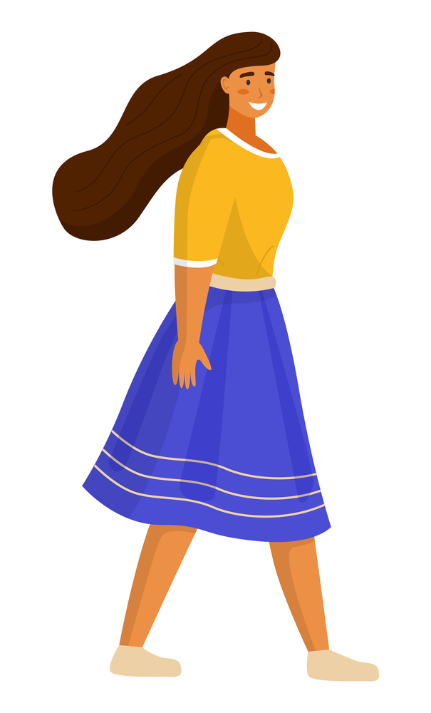 Beautiful girl walking in summer day outdoor. Young cheerful woman dressed in a blue skirt and a yellow blouse. Smiling female flat vector character. Elegant pretty girl isolated on white background. Beautiful girl walking in summer day outdoor. Young woman dressed in a blue skirt and yellow blouse