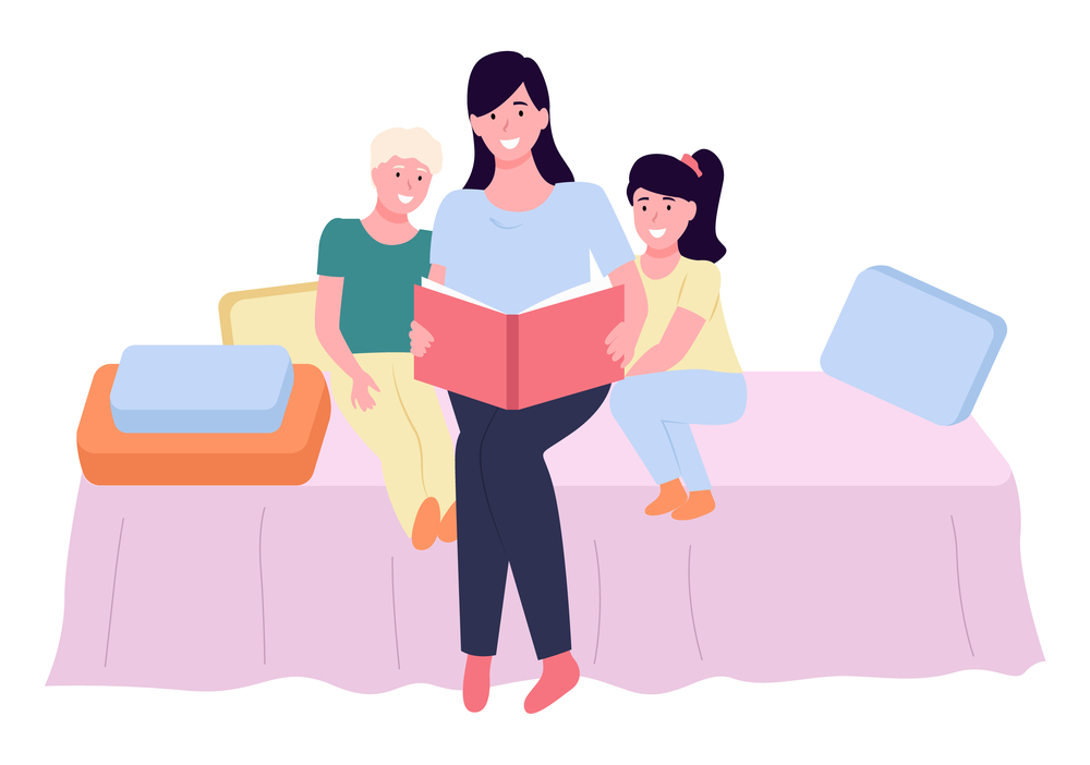 Mother reading a story to children, happy family, fairy tale, vector graphics. Child care, parenting. Mom sitting with son and daughter on the sofa in the room and reading a book, bedtime story. Mother reading a story to children, happy family, fairy tale, vector graphics. Child care parenting