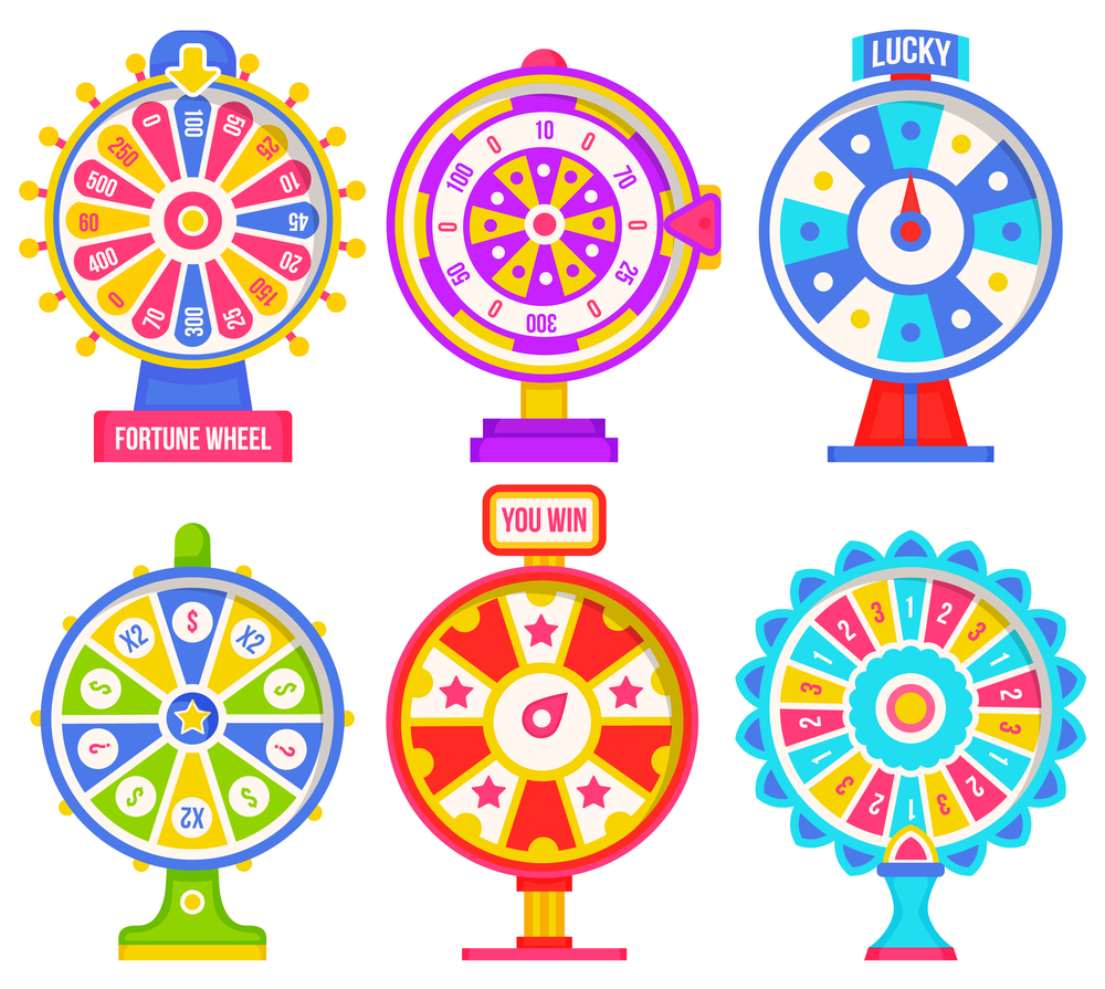 Set of fortune weels with winning numbers and multi-colored sectors, flat style illustration. Game fortune wheel concept. Casino and gambling vector. Illustration of casino fortune, wheel winner game. Set of wheel of fortune with winning numbers and sector bankrupt and bonus, flat style illustration
