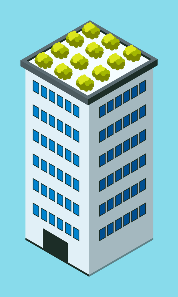 Skyscraper building in city space with green plants on the roof in flat style concept top view isolated on blue. Modern urban structure with house facade. Industrial constructions with apartments. Skyscraper building in city space with green plants on the roof flat style concept top view isolated