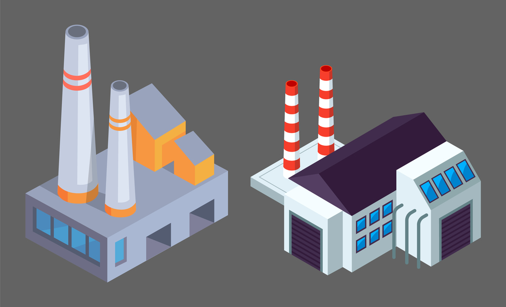 Factory building vector illustration. Industrial structure premise with pipes from the roof. Manufacture building with several housing isolated on gray. Industrial construction in the factory. Industrial structure premise with pipes from the roof. Manufacture building with several housing