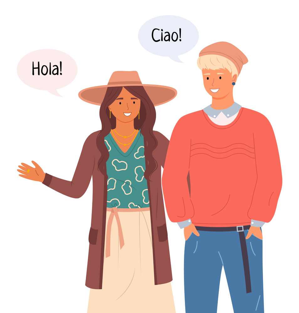 Young people in casual clothes talking Hello in different languages in chat bubble. Friends guy and girl portrait. Smiling man and woman standing straight. Italian and spanish student greet at meeting. People in casual clothes talking Hello in different languages in chat bubble. Friends guy and girl