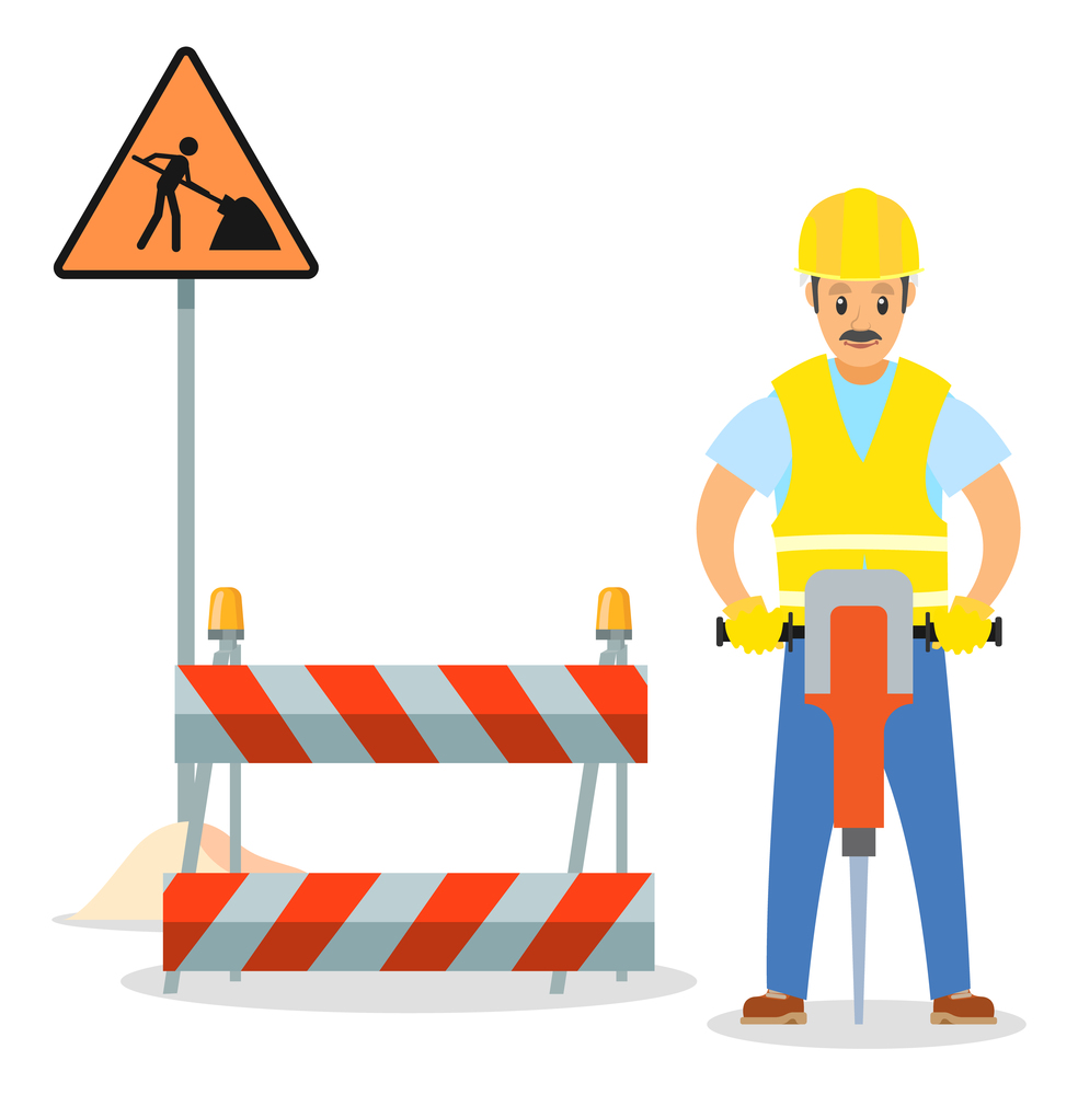 Road repair flat vector illustration. Male worker with jackhammer. Maintenance and construction of pavement concept. Special equipment for fencing the way. Street barrier for roadwork and building. Road repair illustration. Male worker with jackhammer. Maintenance and construction of pavement