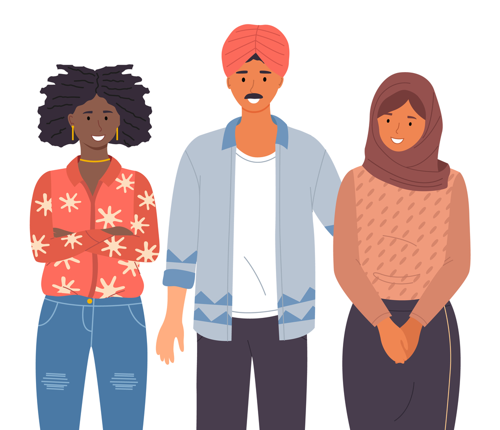 Group of young people of different nationalities on a white background. Indian man, arab woman and american girl standing together. Portrait of three smiling people standing right vector illustration. Group of young people of different nationalities on a white background. Portrait of smiling people