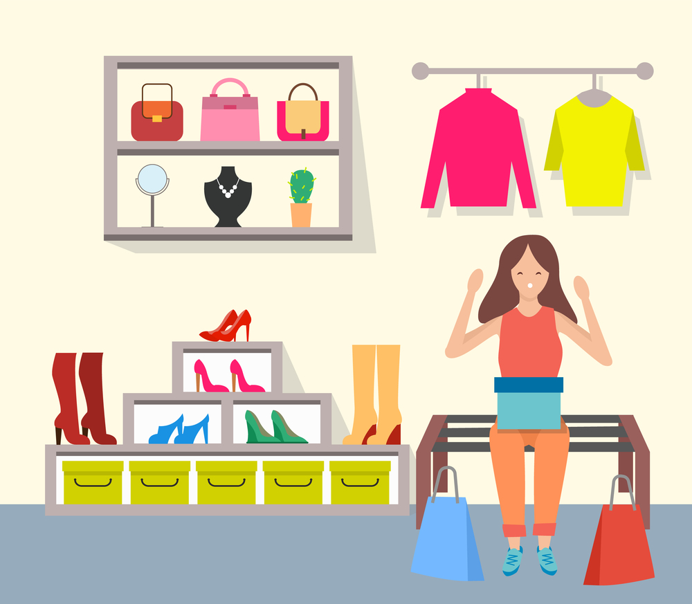 Young beautiful fashion shopper girl in the store. Female character is sitting on a bench with box on her knees. Woman shopping in the boutique. Selling clothes, accessories and shoes for clients. Woman shopping in a mall vector illustration. Girl sitting with a box on her knees in a boutique