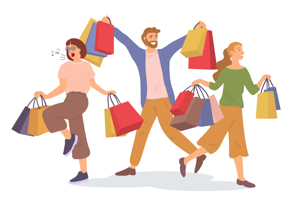Group of people rejoicing with shopping bags in their hands. Man and women are picking up shopping bags on white background. Customers are buying gifts. Pastime before hollidays. Girl singing songs. A group of people with shopping bags in their hands. Customers buy gifts. Pastime before hollidays