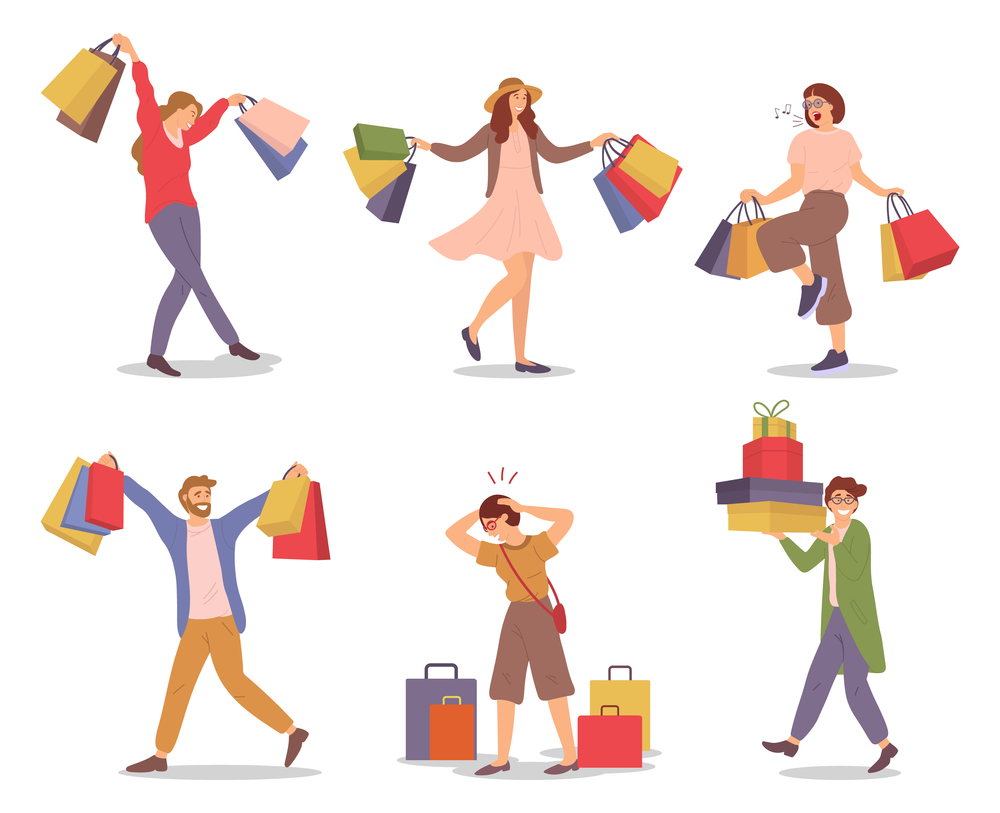 Group of people rejoicing with packages with purchases in their hands. Men and women are picking up shopping bags on white background. Customers are buying gifts for the holidays. Sale advertising. A group of people with packages with purchases in their hands. Customers buy gifts for the holidays