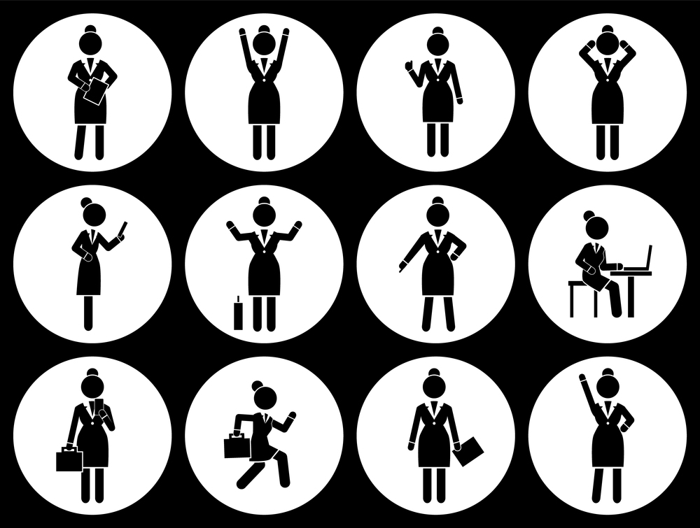 Set of business woman black silhouettes icons in round frames of different girl. Women in action. Lady dressed formally full length. Businesswoman activities at work. Positions and actions of a person. Set of business woman black silhouettes icons in round frames. Women in action. Businesswoman