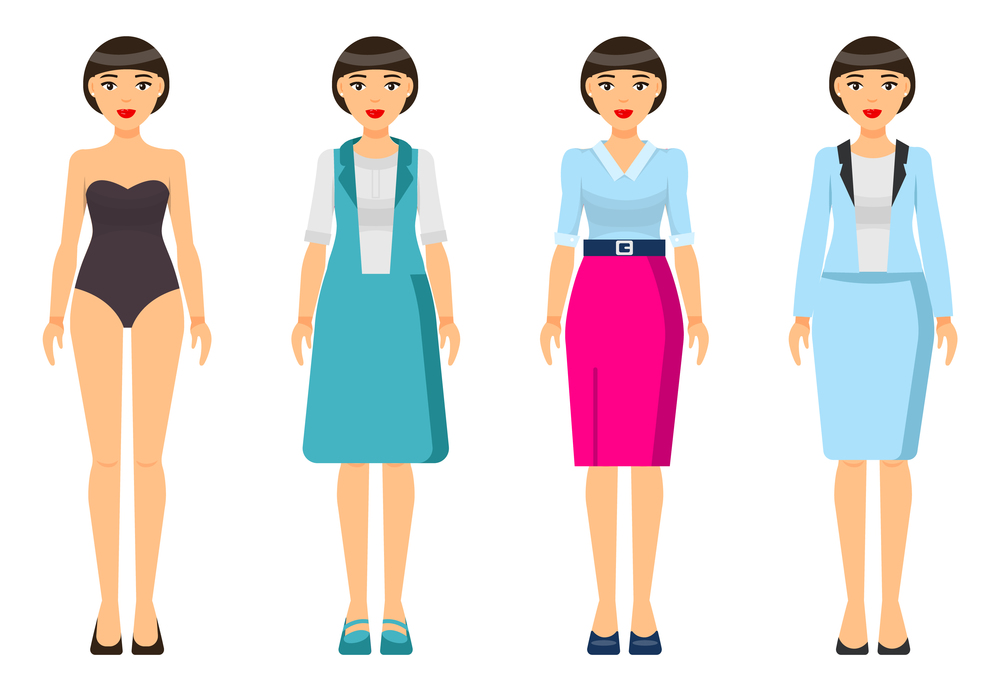 Cartoon characters. Woman brunette with short haircut wearing different clothes. Girl in underwear. Businesslady wear business and home dress, skirt and blouse, office suit with jacket. Set of clothes. Dresscode of businesswoman or businesslady, set of clothes, woman in underwear, office style