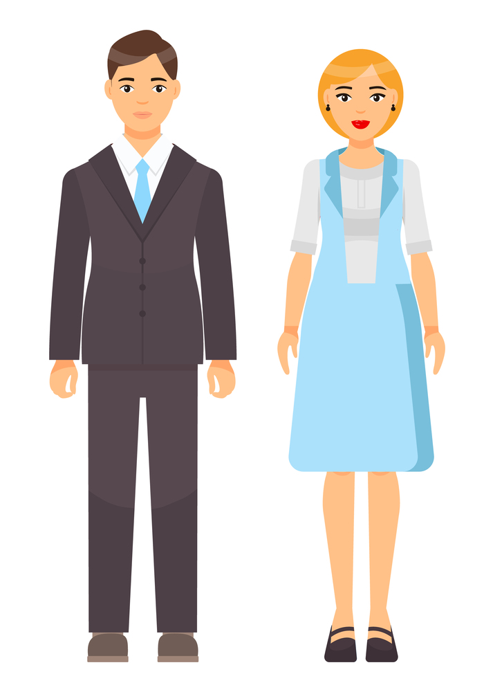 Cartoon characters, stylish businesspeople wearing office suits. Businessman in jacket, shirt, tie, trousers. Businesswoman wear light blue vest and skirt with white blouse. Office dresscode concept. Blonde businesswoman wearing light blue office vest, blous, skirt, man wear classic office suit