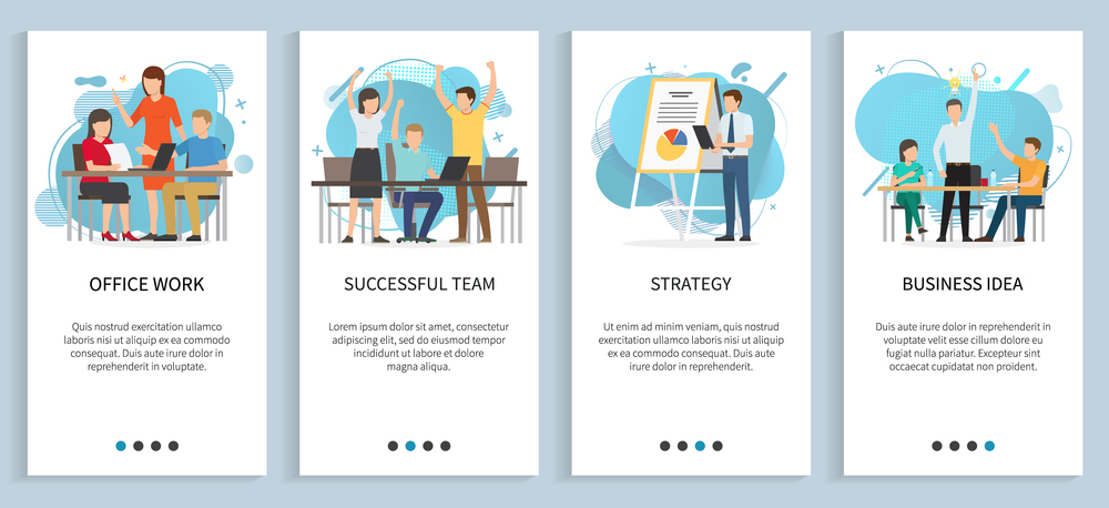 Working task vector, office work people thinking on business idea and solution for problem, startup team planning strategy and next steps. Website or app slider template, landing page flat style. Startup and Working Task, Office Work Website