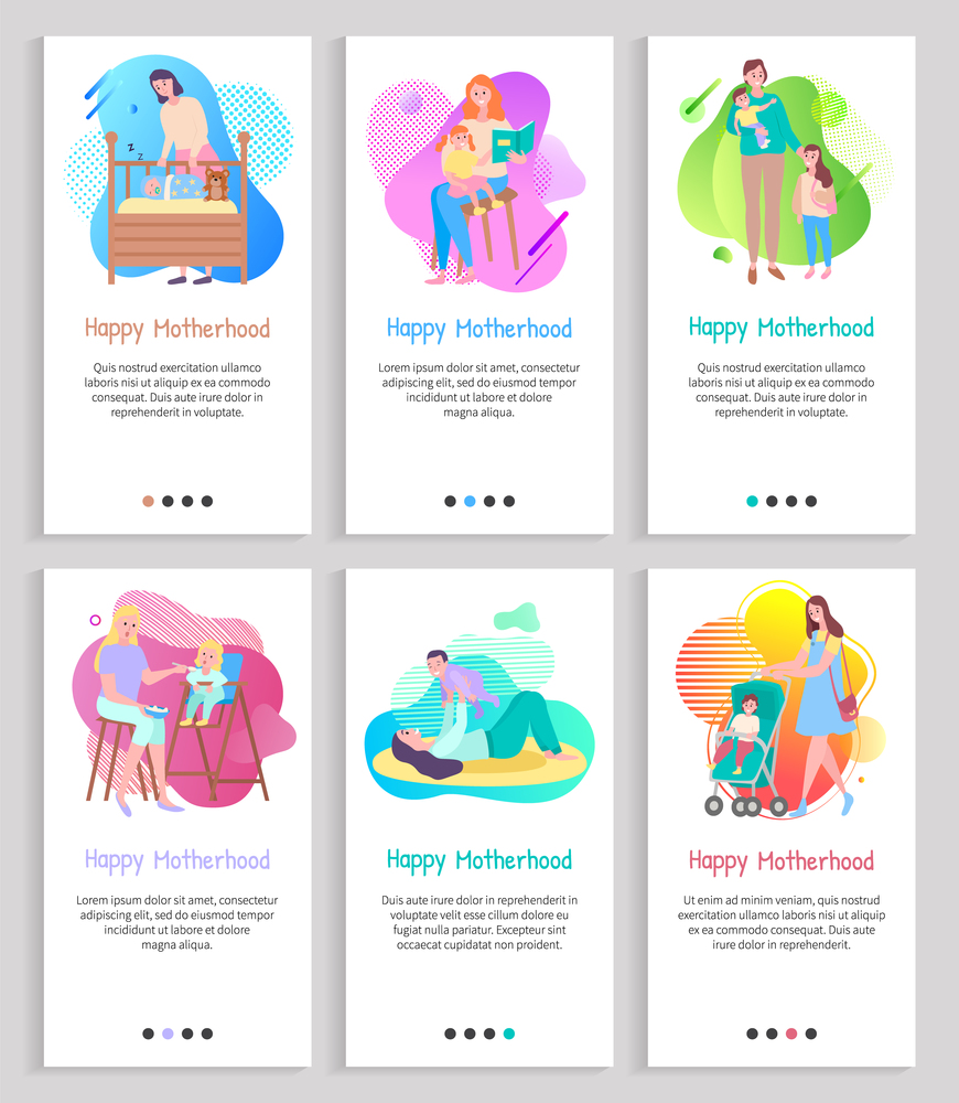 Motherhood vector, mom with kid reading book to daughter and feeding toddler, newborn baby in perambulator, maternal child laying in cradle. Website or slider app, landing page flat style. Happy Motherhood Childhood and Care of Mommy Vector