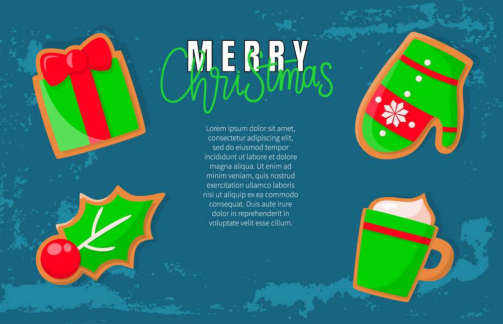 Bright green design icons of gingerbread gift box and mittens with pattern, mistletoe and cup of drink. Merry Christmas greeting card with cookie vector. Bright Green Design Icons of Gingerbread Vector