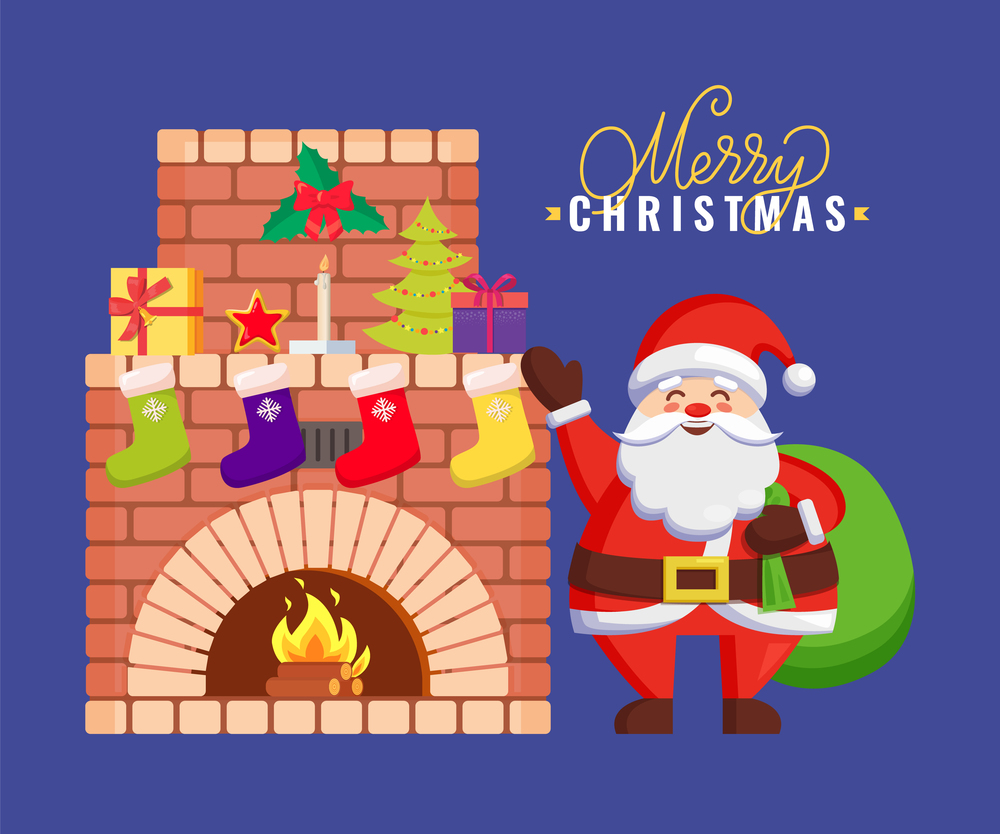 Smiling Santa waving hand and holding big bag near burning fireplace decorated with socks and presents. Merry Christmas greeting paper card vector. Greeting Santa Holding Bag near Fireplace Vector