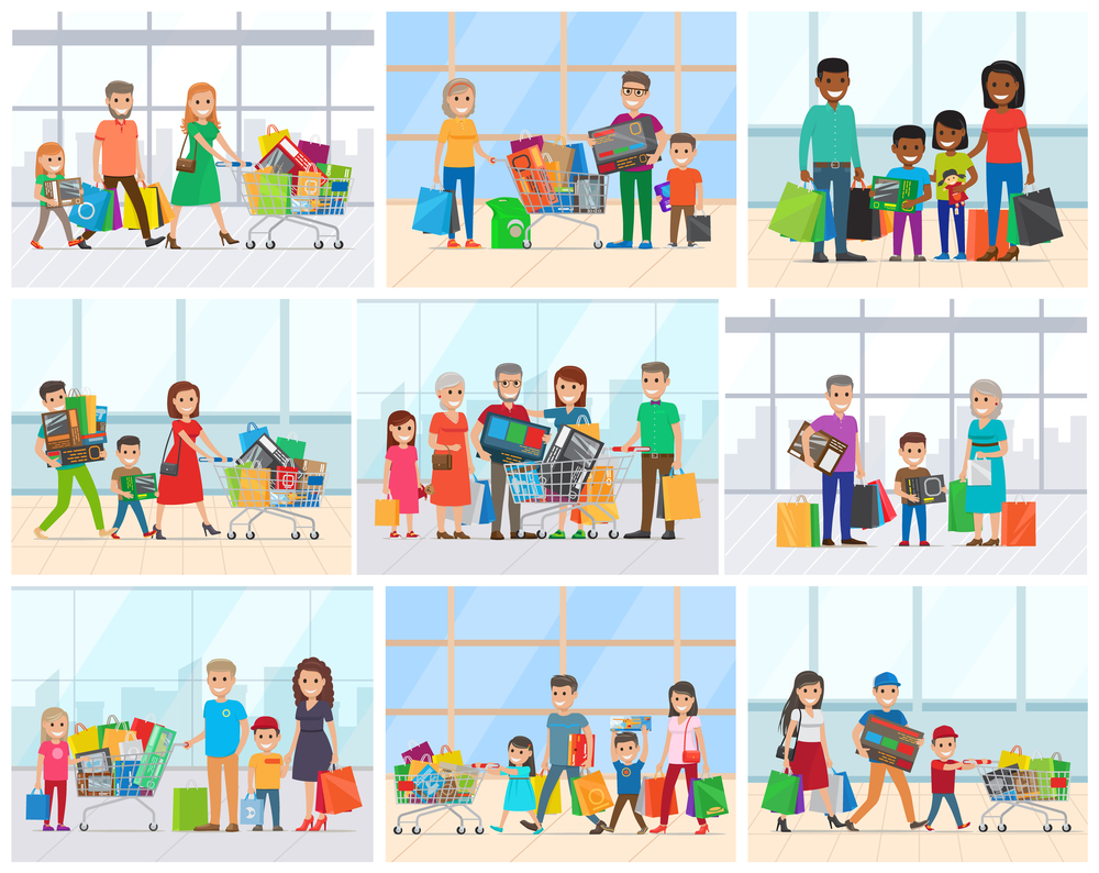 Family shopping day, parents and children carrying purchase. Smiling man and woman holding colorful packages and box, cart with bags, shopper vector. Shoppers Man and Woman Carrying Purchase Vector