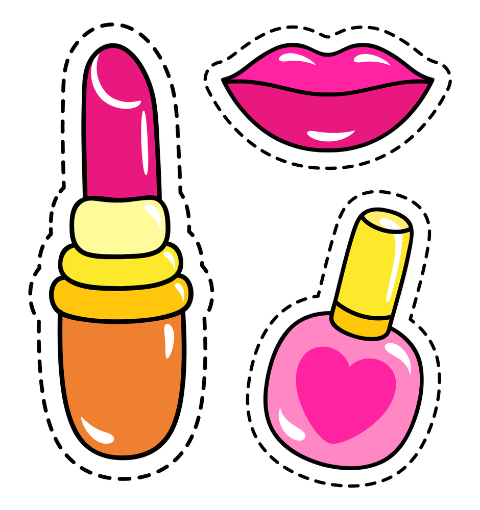 Makeup stickers, labels or print, with dotted frame cut out, pink lipstick, shiny lips, nail polish in bottle with heart, cute things, visagiste tools, creative design, patch badges, girlish stickers. Makeup stickers, labels or print, with dotted frame cut out, pink lipstick, shiny lips, nail polish