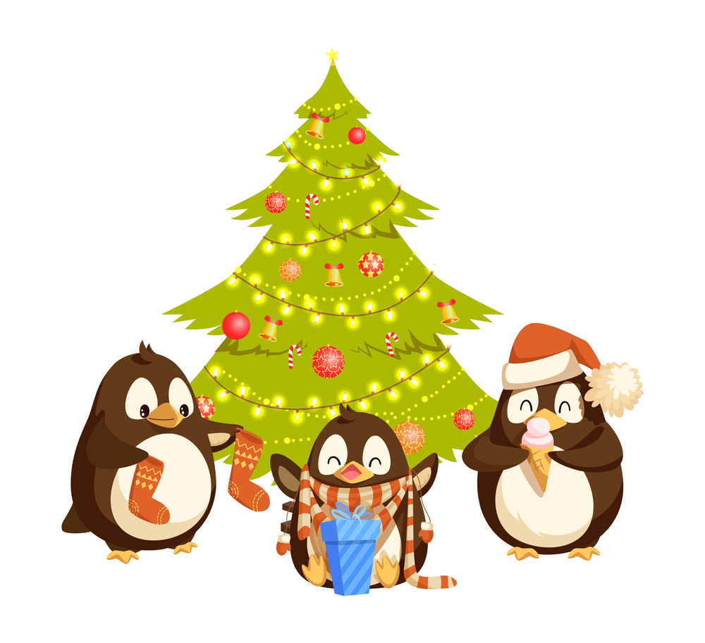 Penguins holding socks, enjoying gift and ice-cream. Arctic bird in hat and scarf near Christmas tree vector. Winter holidays with seabirds near fir-tree. Bird in Hat and Scarf near Christmas Tree Vector