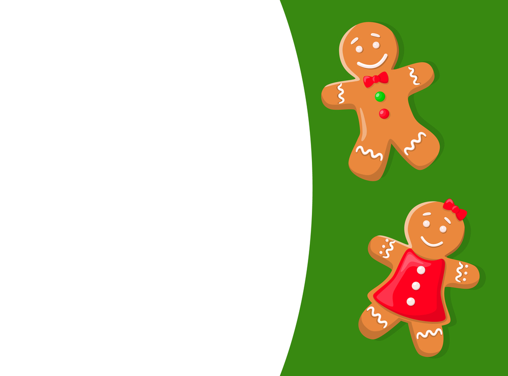 Gingerbread cookies, gingermen in bowtie and dress. Christmas snack or treat, dessert or pastry, New Year celebration dish, winter holiday vector. Gingerbread Cookies, Gingermen in Bowtie and Dress