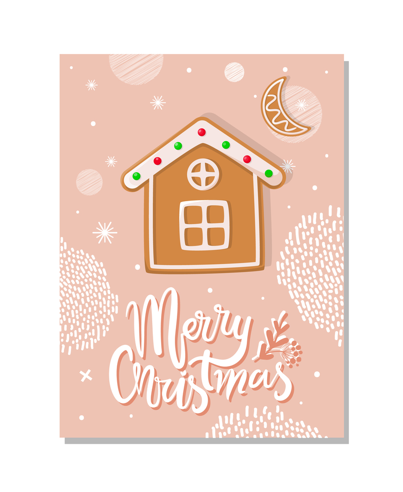 Pink postcard Merry Christmas decorated gingerbread moon and house with windows and bright points. Greeting paper card with patterns and shines vector. Pink Postcard Merry Christmas with Cookies Vector