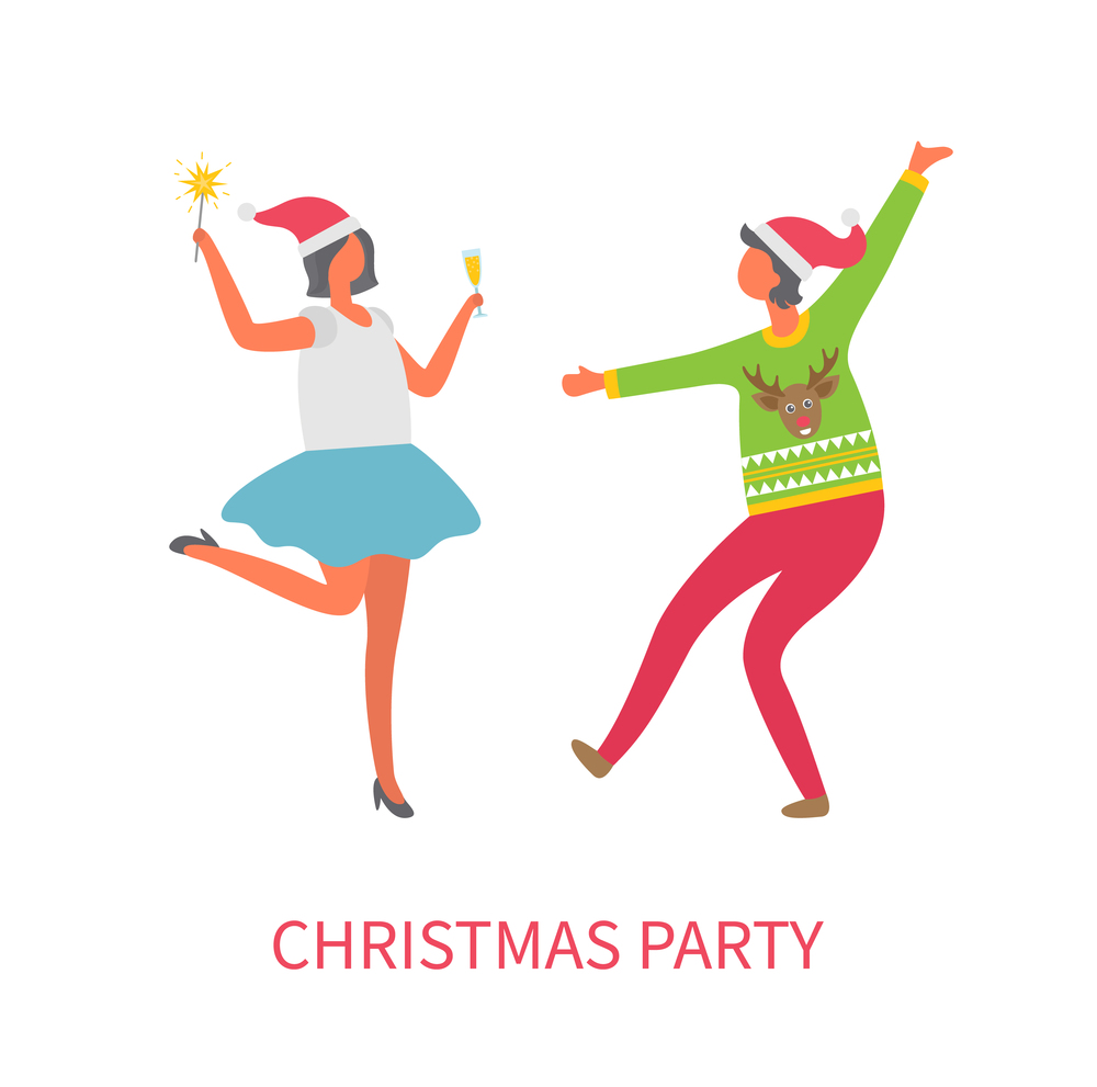 Christmas party celebration of people, friends having fun dancing vector. Woman wearing knitted warm sweater with polar reindeer, lady with drink. Christmas Party People, Friends Having Fun Dancing