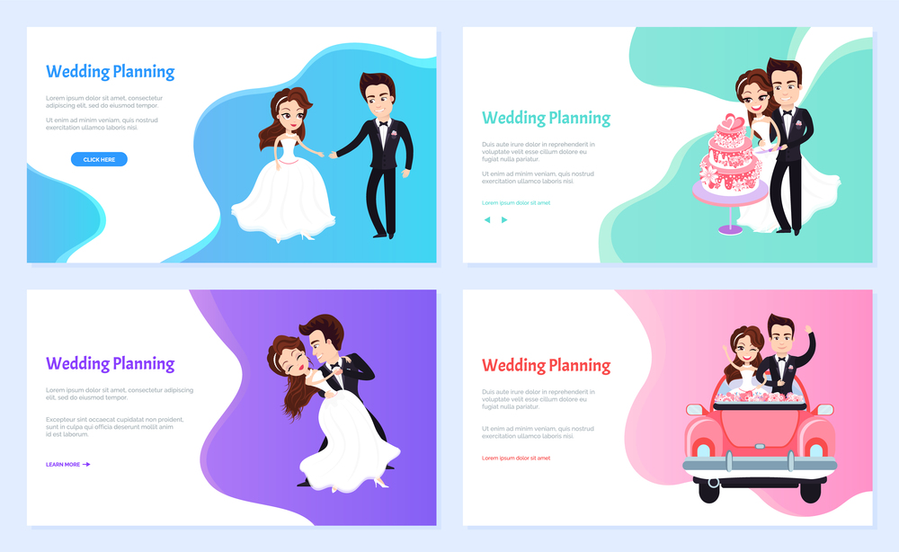 Wedding planning vector, man and woman dancing on ceremony, bride and groom riding car and cutting freshly baked cake on special event set. Website or webpage template, landing page flat style. Wedding Planning Bride and Groom on Celebration