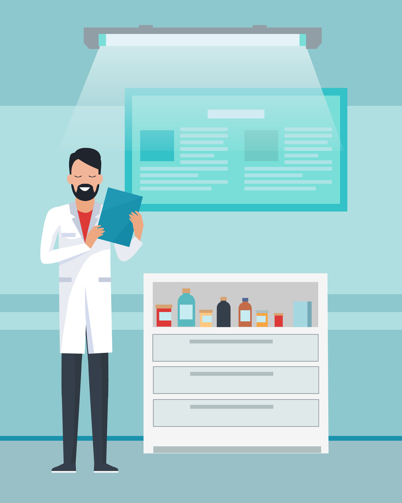 Smiling bearded doctor therapist with folder standing in medical office. Portrait of physician in cabinet of clinic. Medical chest of drawers with bottles. Treatment and healthcare. Flat illustration. Smiling bearded doctor therapist with folder standing in medical office, portrait of physician
