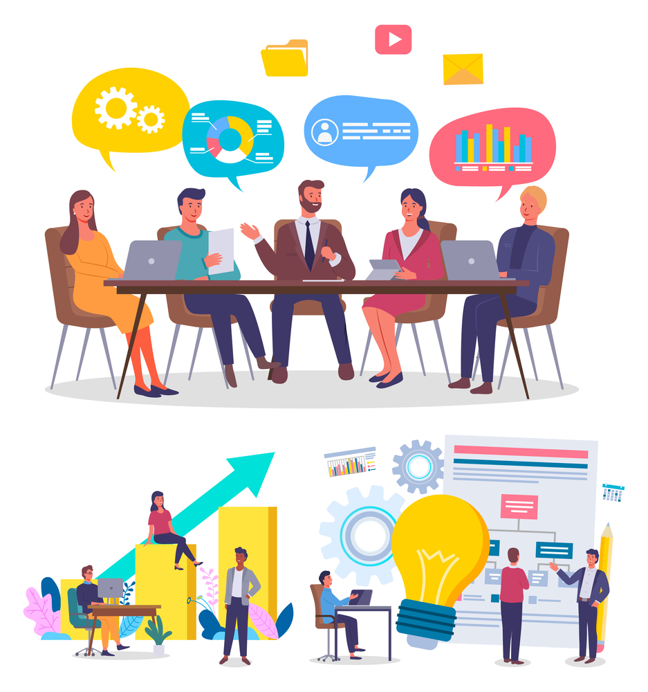 Businesspeople planning strategy, discussing development of business, analysing analytics, finance. Growing charts, graphics. New idea concept. Social media marketing. Developing network, teamwork. Businesspeople planning strategy, discussing development of business, analysing analytics, finance