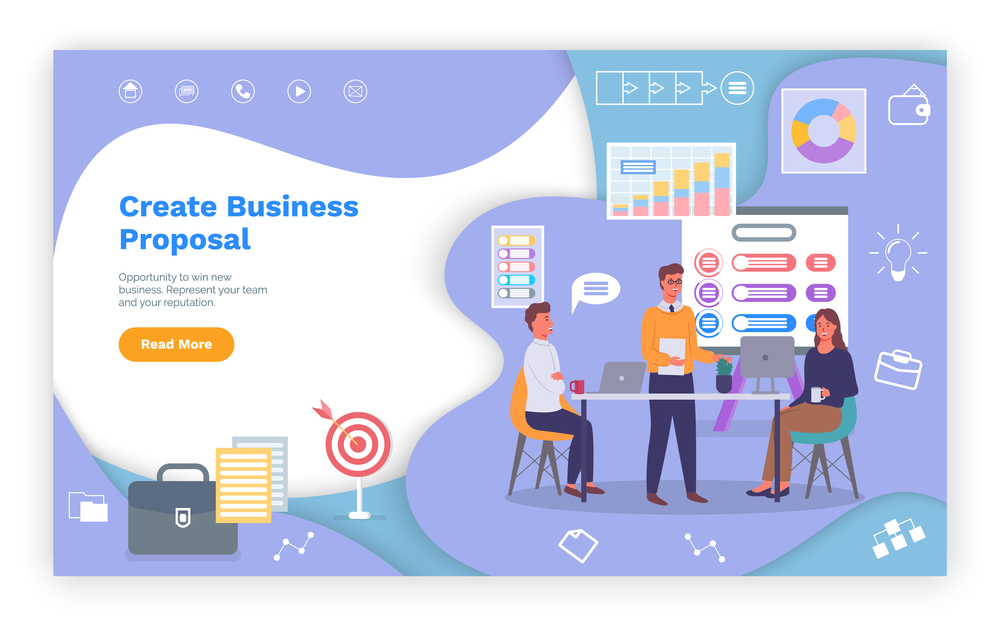 Business proposal, landing page of business website, businesspeople, teamwork, colleagues working, analysing charts, diagram, financial statistics, strategy of work, communication of workers. Business proposal, landing page of business website, businesspeople, colleagues working, analysing