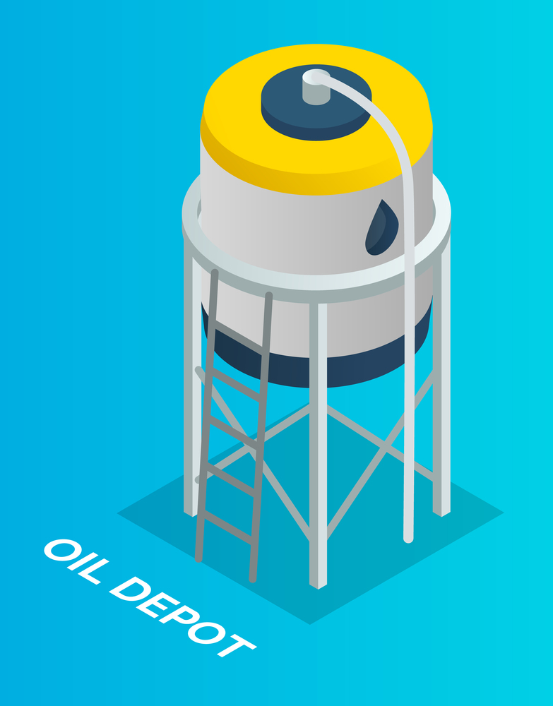 Oil petroleum industry. Oil depot with ladder, isolated symbol at blue. Storage, tank, cistern, vat, tub with oil. Resorvoir, with crude oil. Industrial construction with oil liquid. Flat vector icon. Oil depot isolated icon, oil storage reservoir with ladder, oil petroleum industry, oil production