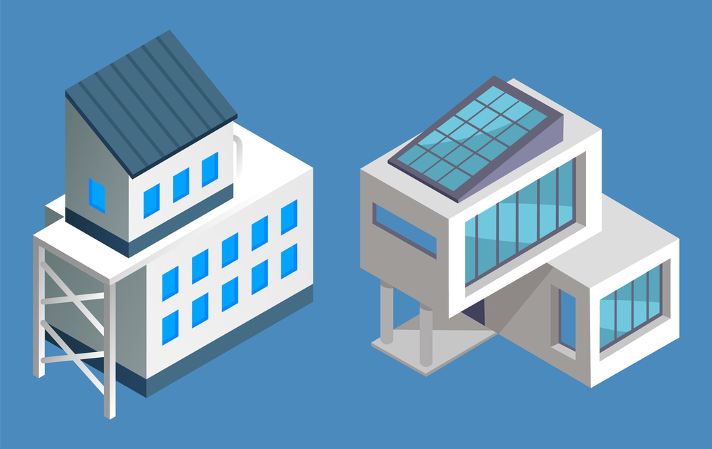 Isometric 3d set of two contemporary buildings isolated at blue. House with big panoramic windows and simple building with small windows. Two projects of new houses or buildings. Modern architecture. Set of two contemporary modern buildings isolated, house with big panoramic windows, simple building