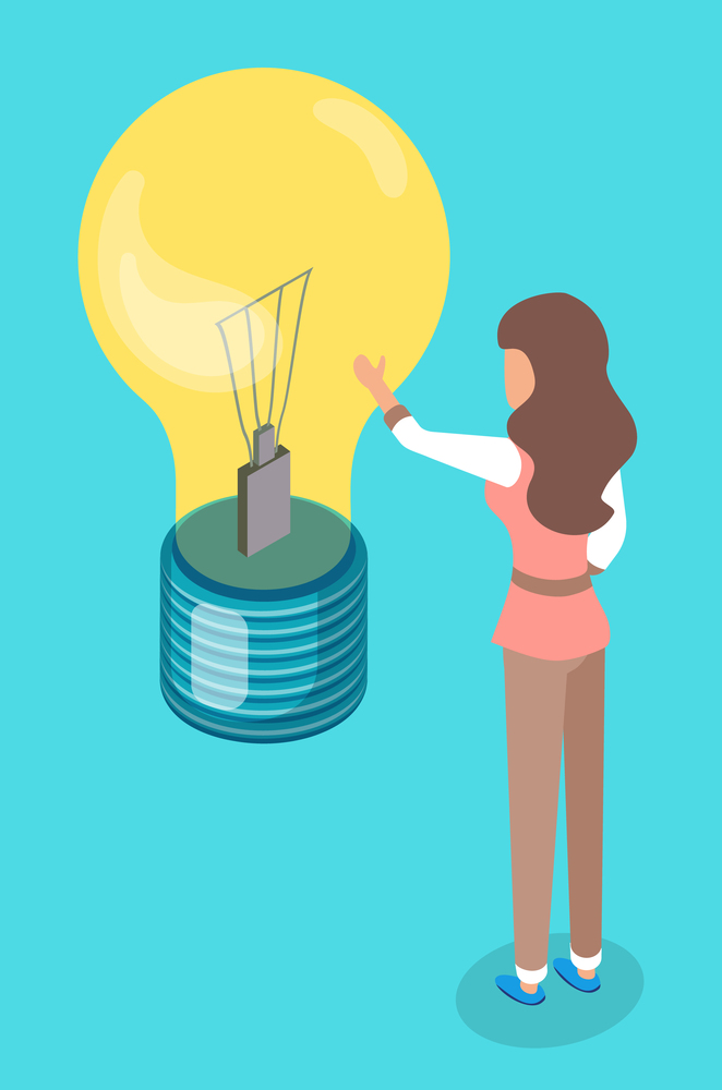 Woman touch lamp bulb. New creative idea concept, isometric illustration, solution of problem. Founding new idea, inspiration. Isolated flat cartoon illustration. Solved question, creative thinking. Woman touch lamp bulb, new creative idea concept, isometric illustration, solution of problem