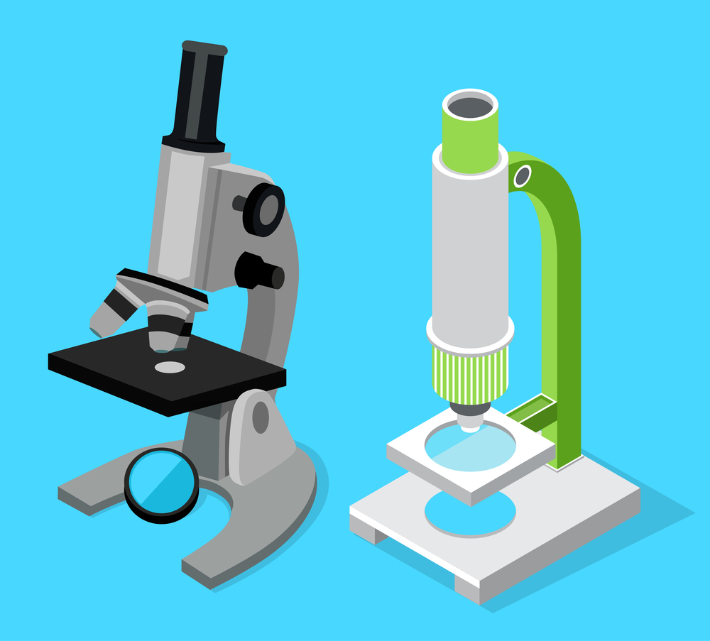 Set of two modern microscopes, medical scientific microbiology equipment for research, isolated 3d isometric icons. Magnifying glass. Equipment for laboratory. Instrument for science researching. Set of two modern microscopes, medical scientific equipment for research, isolated isometric icons