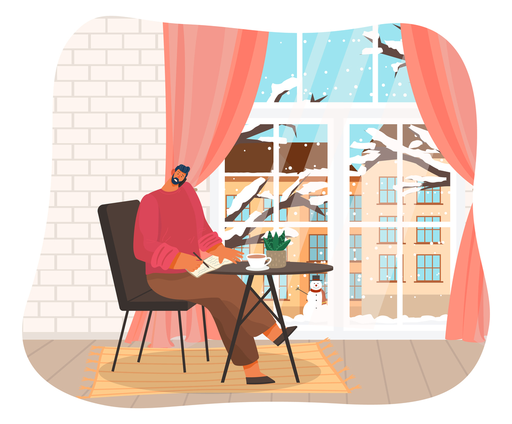 Businessman working at home at a table near window with winter cityscape view. Big boss or freelancer. Busy man talking on phone holding smartphone with shoulder and writes information to notebook. Businessman working at home at a table flat design. Busy man talking on phone, writes information