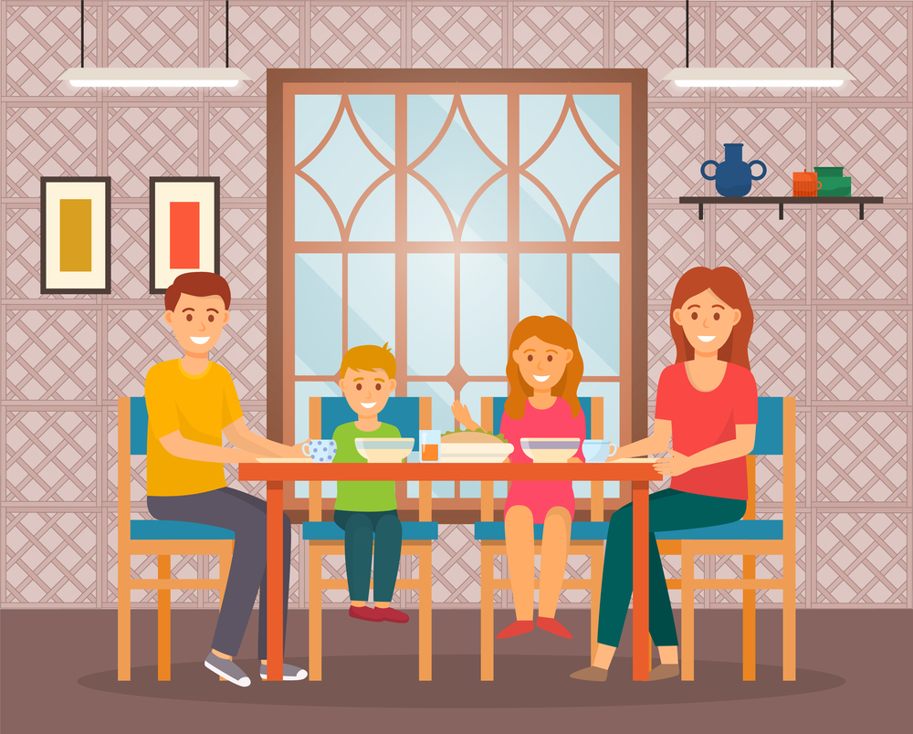 Happy family eating sitting at table in cafe. Mother, father, little girl and boy smiling. Breakfast, lunch or dinner time. Happy people spend time weekends together, enjoy of company, relaxing. Family spend leisure time in cafe, eating, time to have breakfast or dinner, people enjoy of rest