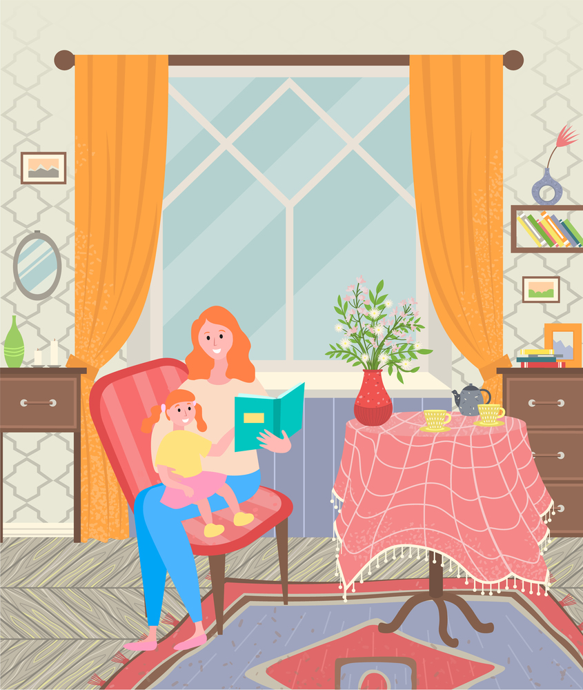 Mother and daughter sitting on chair and reading book in living room. Furniture like table and chest. Kettle, cups and vase with flowers on tablecloth. Vector illustration in flat style. Mother and Daughter Reading Book in Living Room