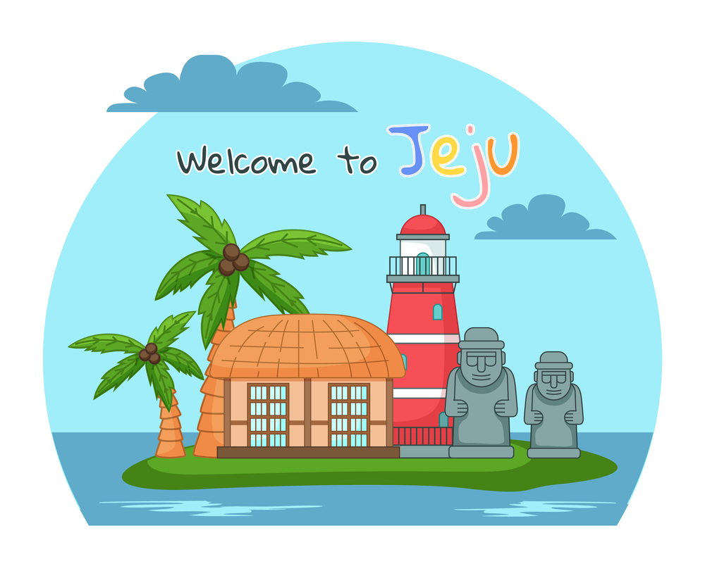 Welcome to Jeju island in South Korea, poster or banner, traditional landmarks, symbols, popular place for visiting tourists, Dolharubang statue, thatched traditional house, red lighthouse at island. Welcome to Jeju island in South Korea, poster or banner, traditional landmarks, symbols, popular place