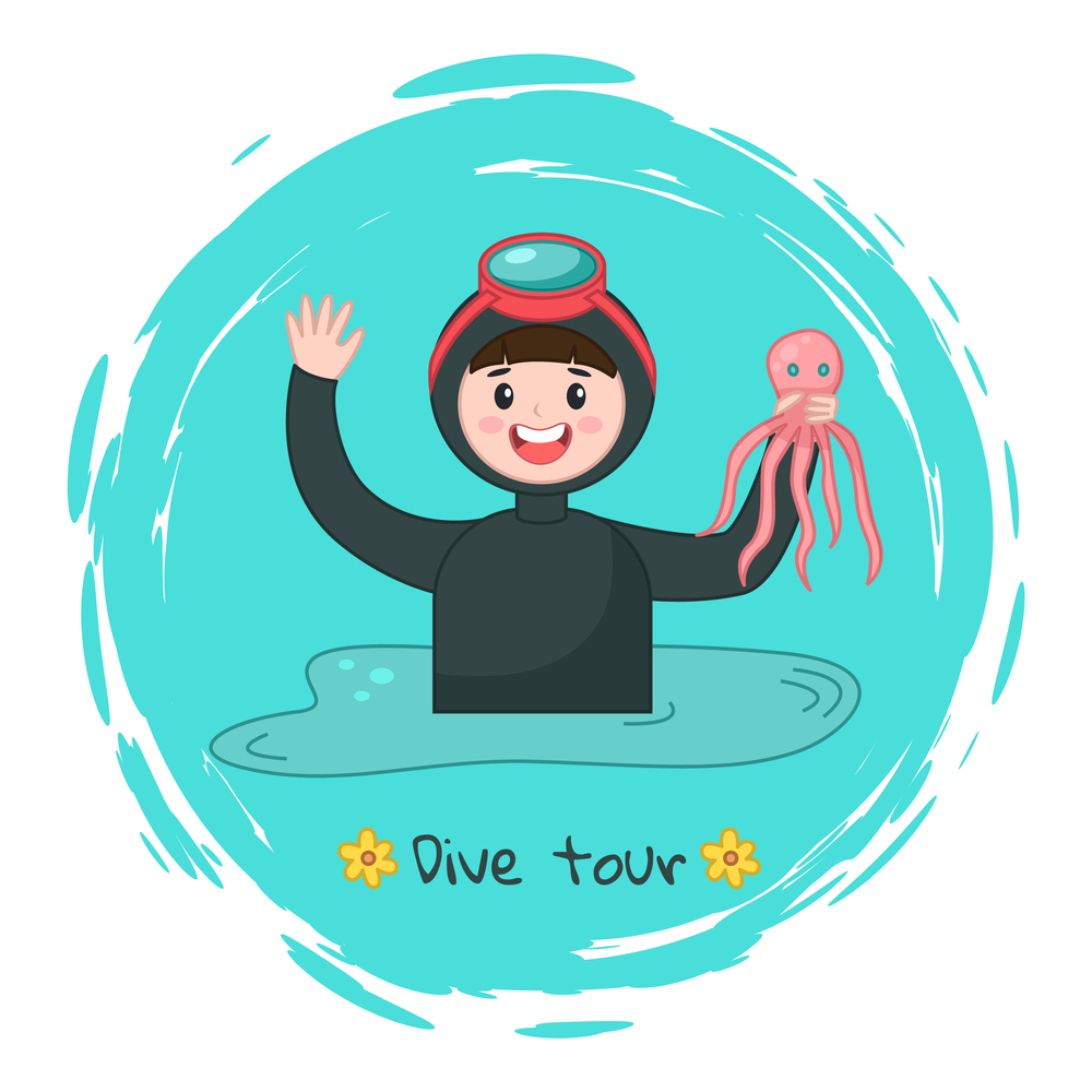 Diver in diving mask holding octopus at background of sea water, dive tour sticker in round shape, underwater summer activity, diving tourism, man going to dive, snorkeling leisure or hobby concept. Diver in diving mask holding octopus at background of sea water, dive tour sticker in round shape