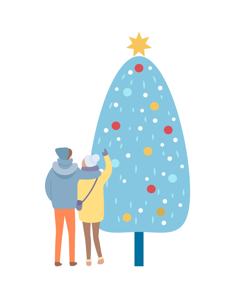 Standing back side man hugging woman in jacket and scarf with hat and mittens near tree. Decoration big Christmas wood with balls and star on top vector. Standing Couple near Fir-tree Vector Isolated