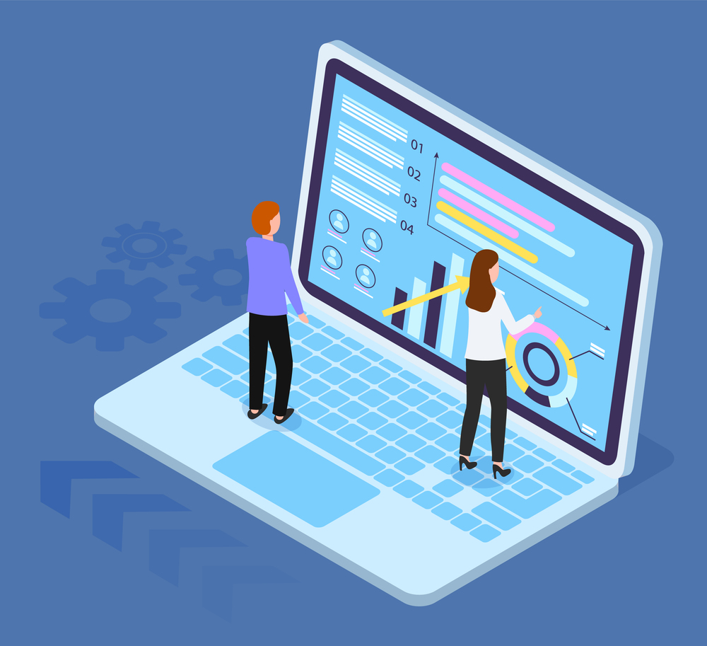 Isometric laptop with charts, diagram, infochart at screen. 3d growing graphic. Teamwork analysis. Workers looking financial plan, strategy at screen of laptop. Businesswoman pointing on screen. Isometric 3d laptop with diagram, growing graphics, analytics, statistic, workers look at screen