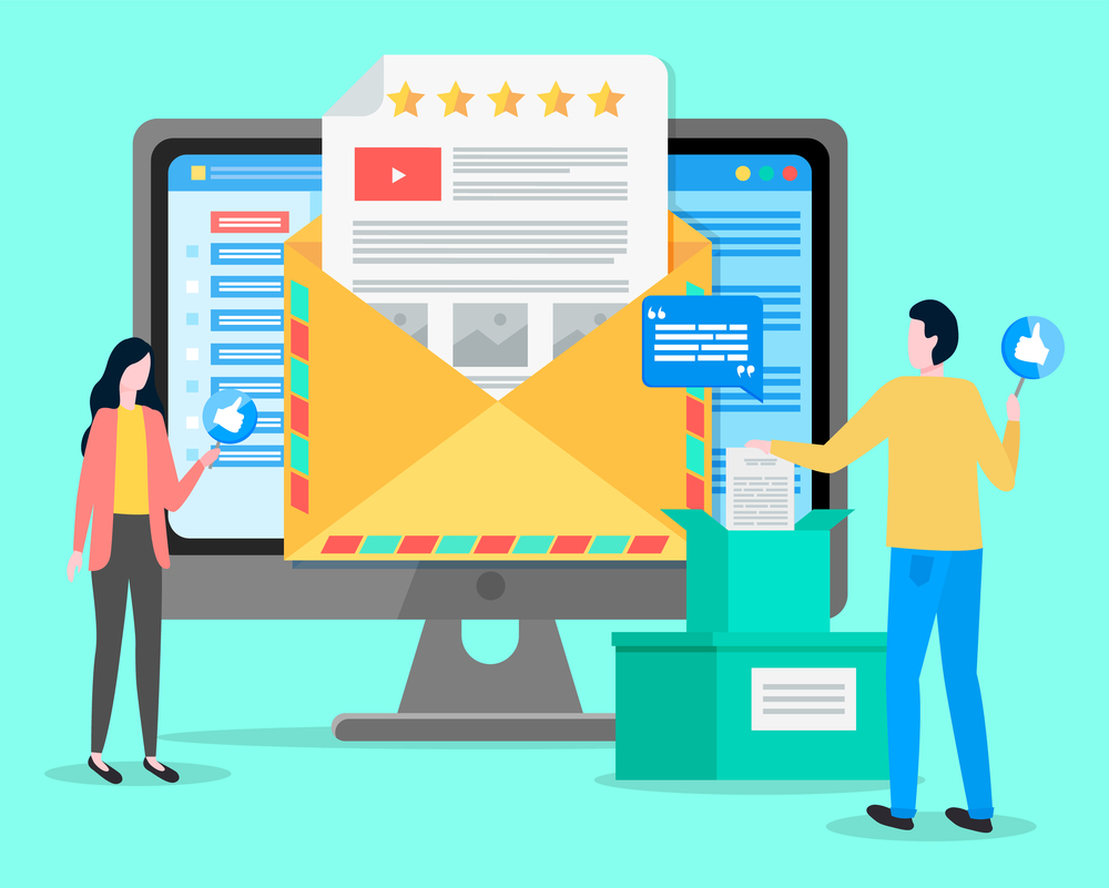 Feedback to users customers of website, analysing consumer demands, rating stars, increase popularity of social network, young man with like sign, boxes with postal letters, analysing consumer demands. Feedback to users customers of website, analysing consumer demands, rating stars increase popularity