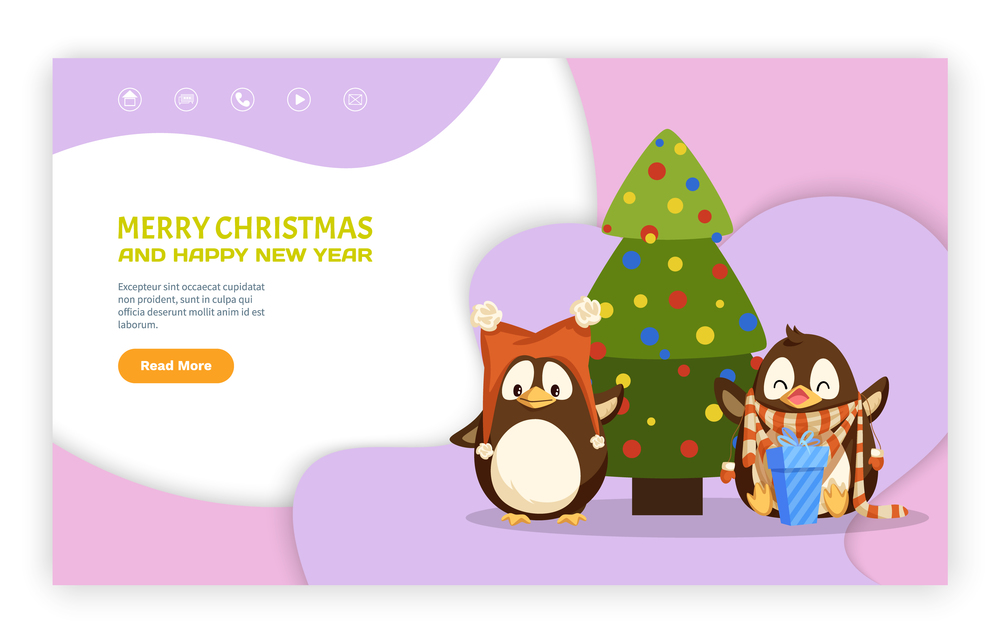 Merry Christmas and happy New Year website vector. Fir-tree decorated by festive toys, penguin in Santa hat and seabird in scarf enjoying gift box. Merry Christmas Website Penguin and Tree Vector