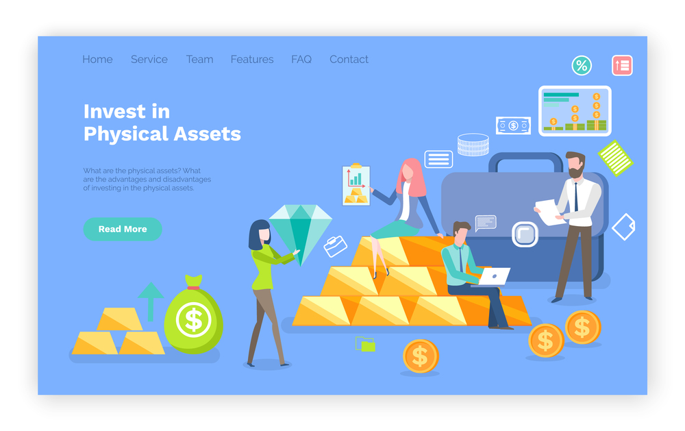 Invest in physical assets vector, woman holding diamond, man with notes and briefcase, person working on laptop looking at stats of investors. Website or webpage template, landing page flat style. Invest in Physical Assets, Money and Gold Bars