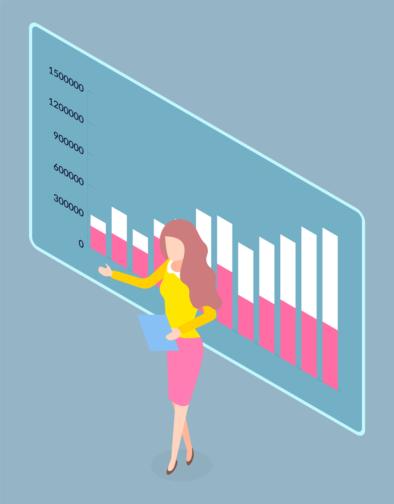 Office worker stylish businesswoman standing near board with visual presentation. Growing graphic. Web analytics, analysing business statistics. Isometric 3d illustration. Woman with document speaking. Office worker stylish businesswoman standing near board with visual presentation, growing graphic